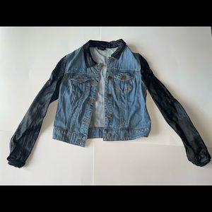 denim jacket w/black faux leather sleeves & collar